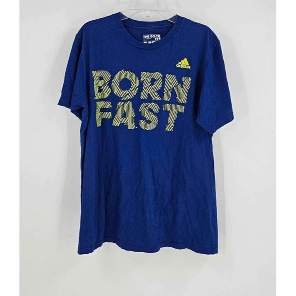 Adidas The Go To Tee Blue w/Yellow Logo & "BORN FAST" on Front T-Shirt Sz M